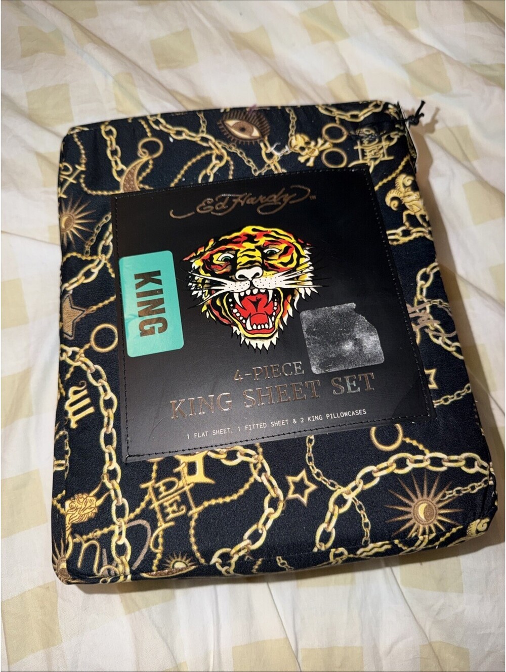 Ed Hardy Black KING Sheet Set Gold Charm Chains Evil Eye Celestial Lion Moon